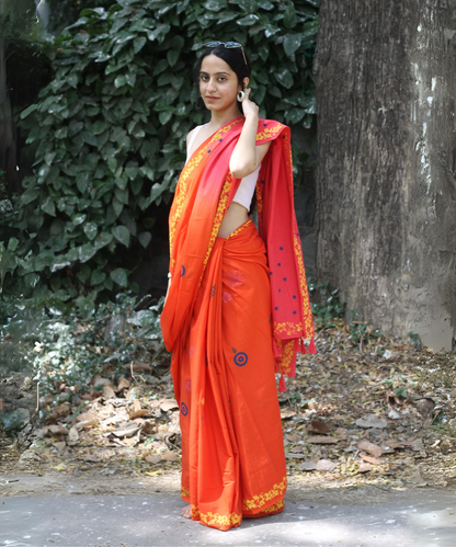 Orange pink summer whisper block printed mulmul saree