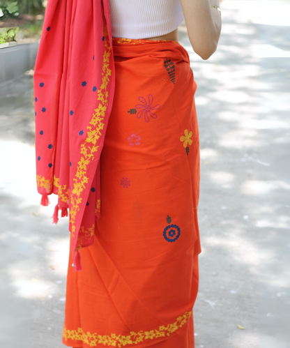 Orange pink summer whisper block printed mulmul saree