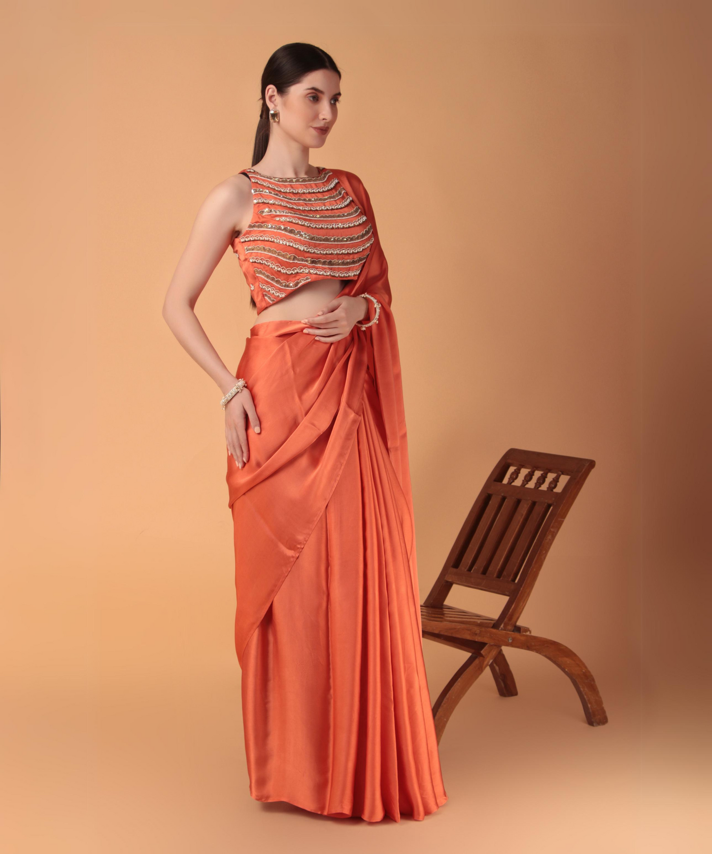 Orange Satin Hand Embroidered Cutwork Saree with Heavy Blouse