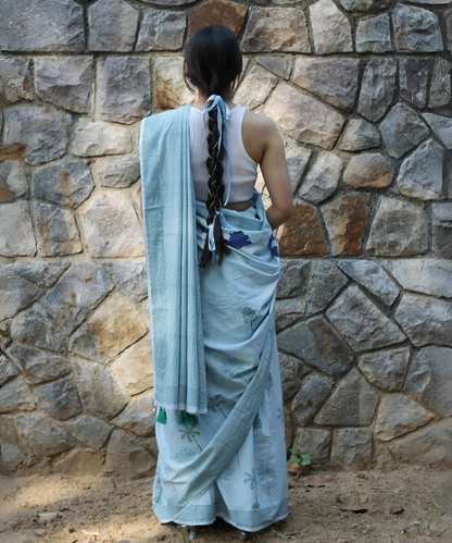 Blue summer sky block printed mulmul saree