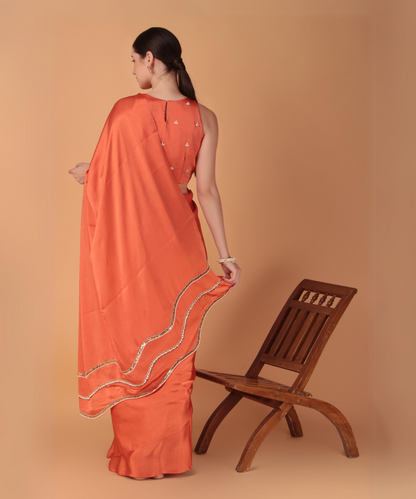 Orange Satin Hand Embroidered Cutwork Saree with Heavy Blouse