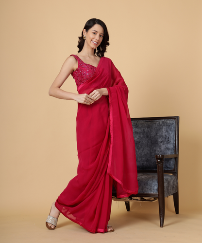 Red Cotton Organza Saree with Plain Blouse