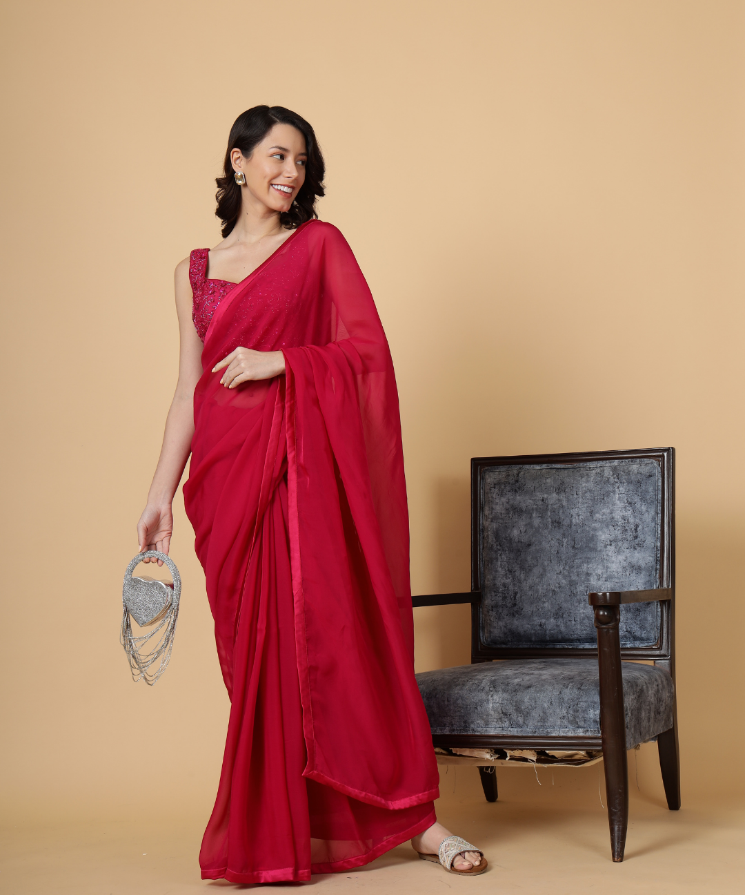 Red Cotton Organza Saree with Plain Blouse