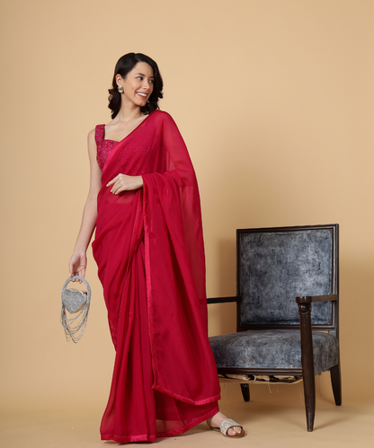 Red Cotton Organza Saree with Plain Blouse