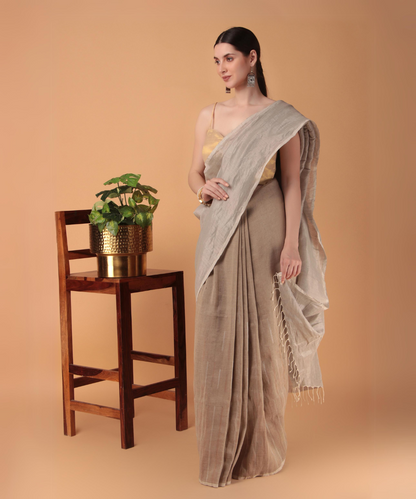 Handwoven linen zari saree crafted in blue and beige hues