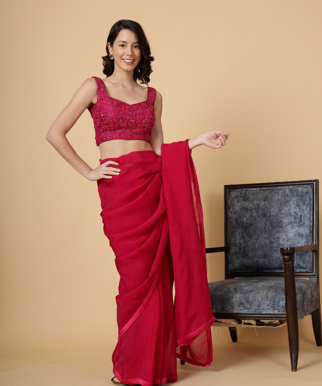 Red Cotton Organza Saree with Plain Blouse