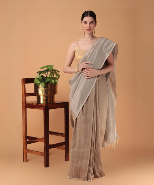 Handwoven linen zari saree crafted in blue and beige hues