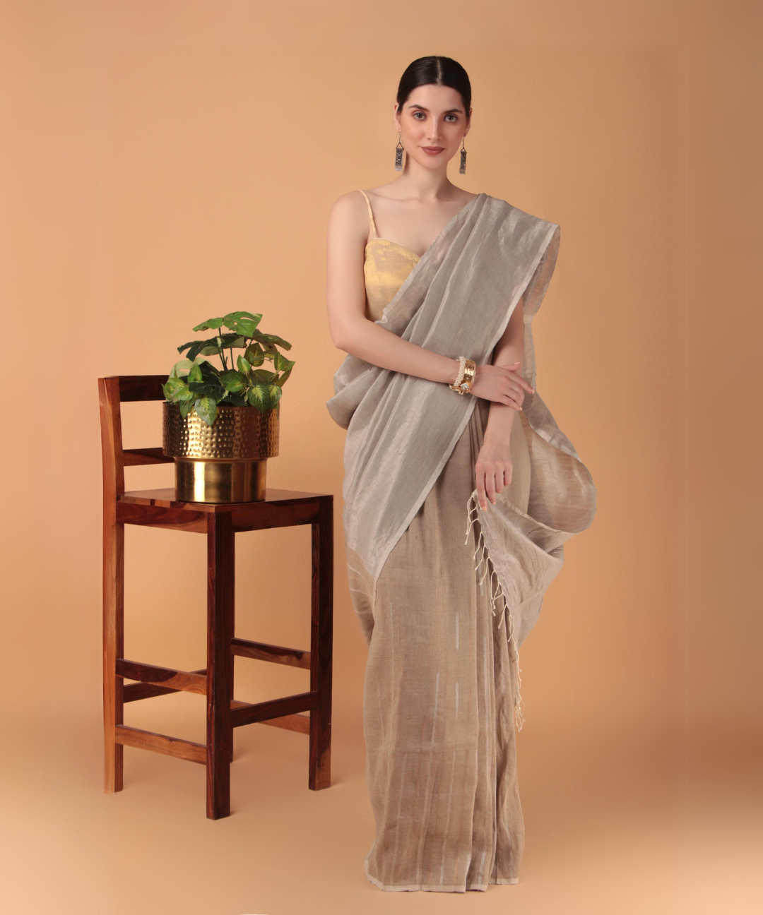 Handwoven linen zari saree crafted in blue and beige hues