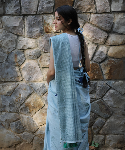 Blue summer sky block printed mulmul saree