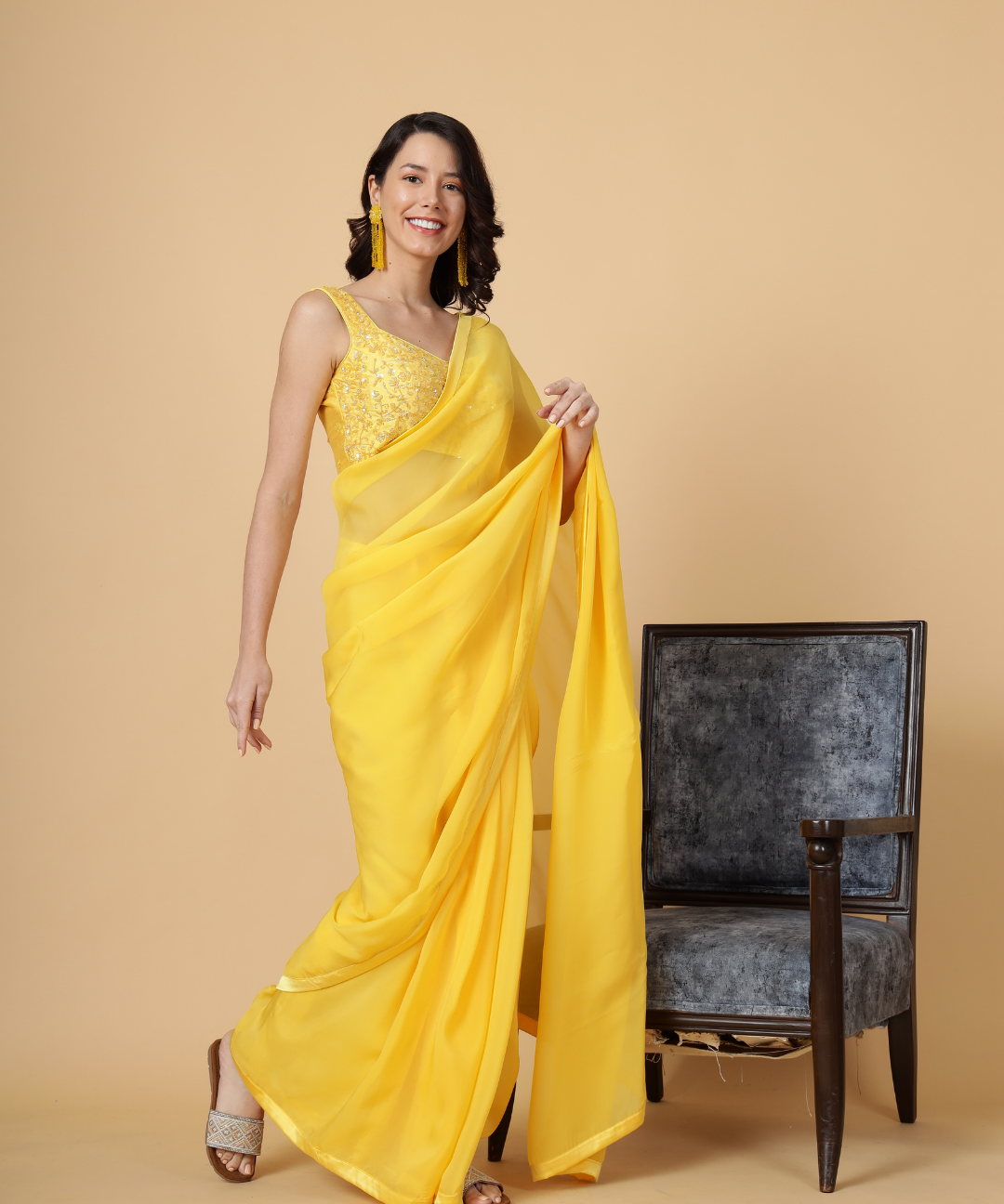 Yellow Cotton Organza Saree with Plain Blouse