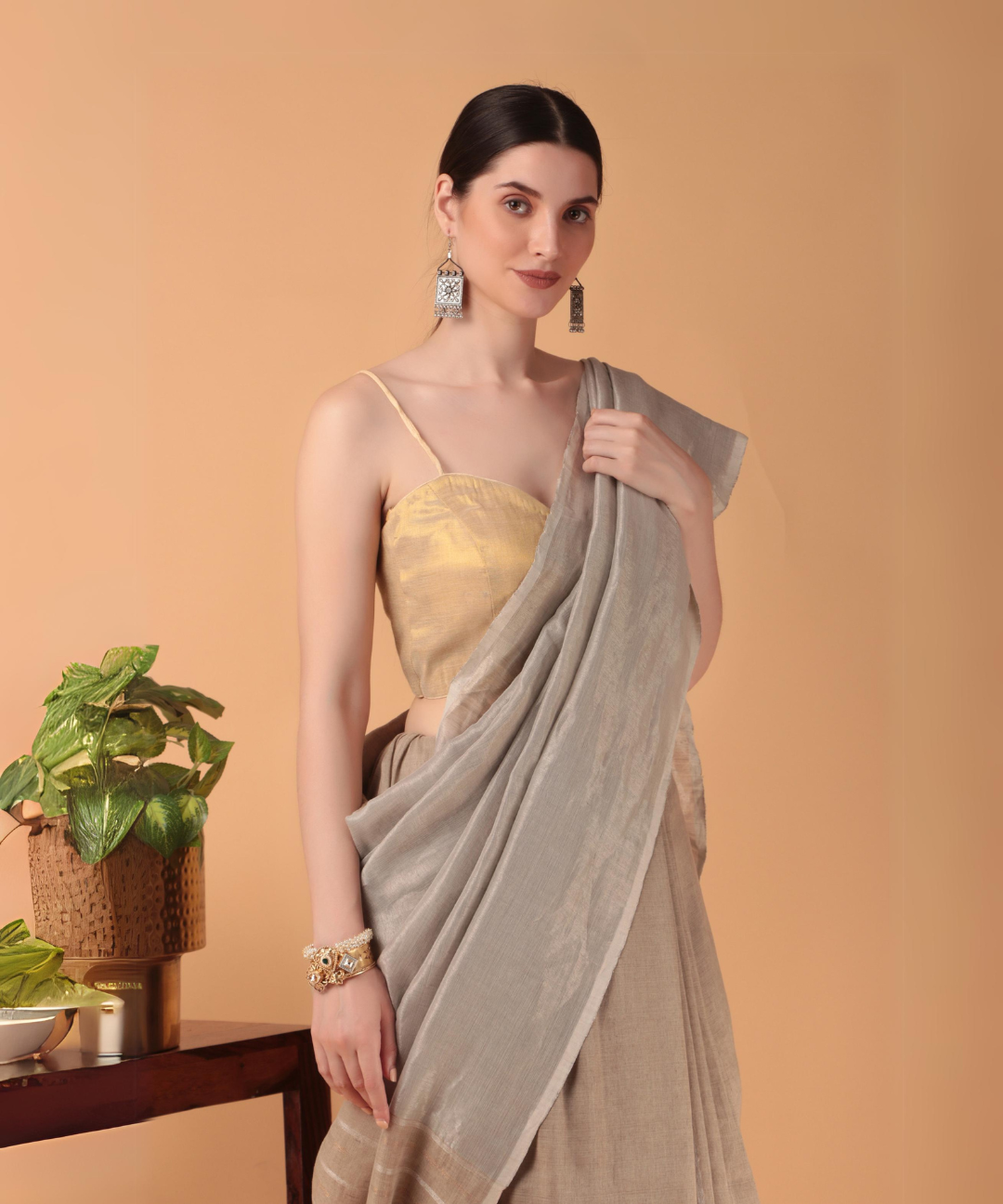 Handwoven linen zari saree crafted in blue and beige hues