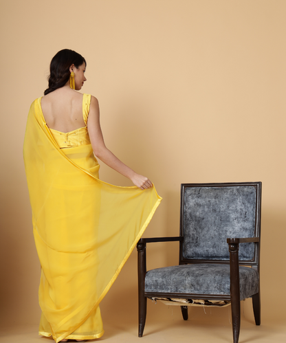 Yellow Cotton Organza Saree with Plain Blouse