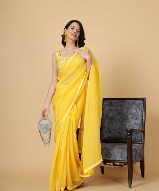 Yellow Cotton Organza Saree with Plain Blouse