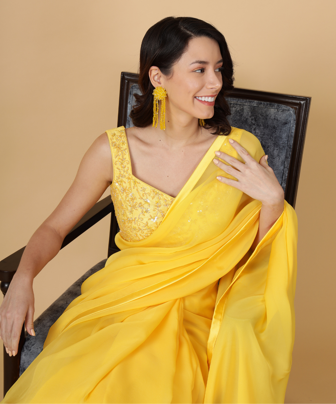 Yellow Cotton Organza Saree with Plain Blouse