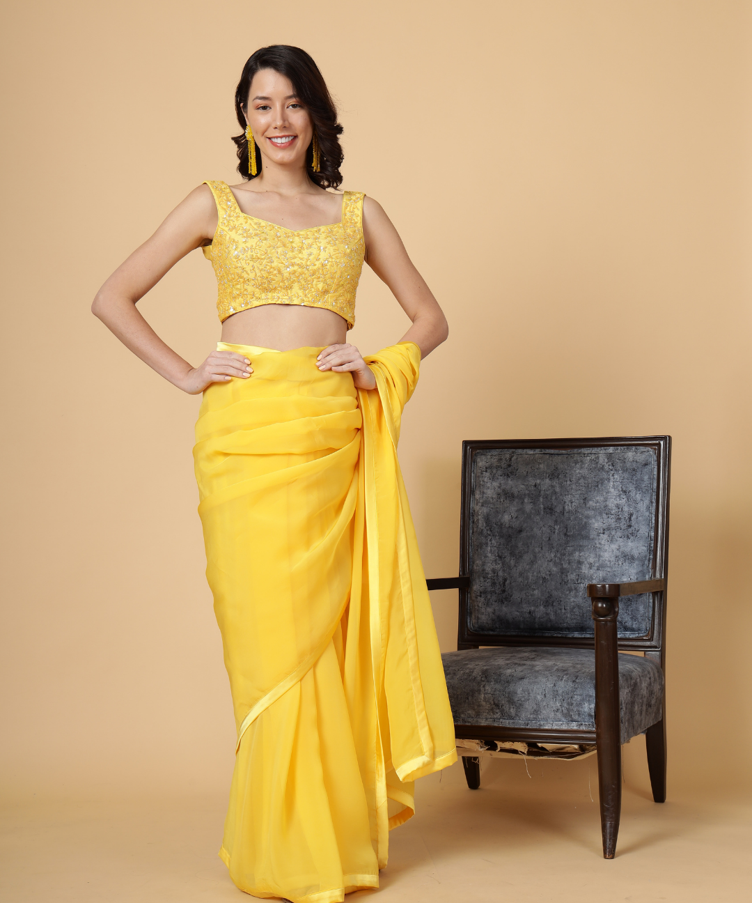 Yellow Cotton Organza Saree with Plain Blouse