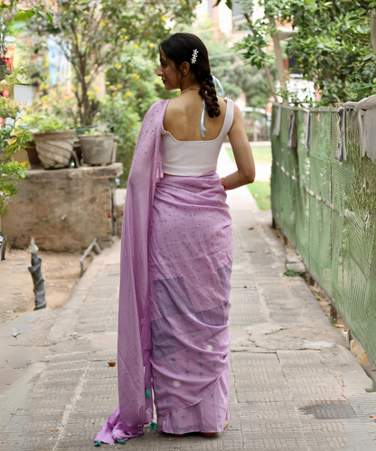 Lavender summer dew block printed mulmul saree