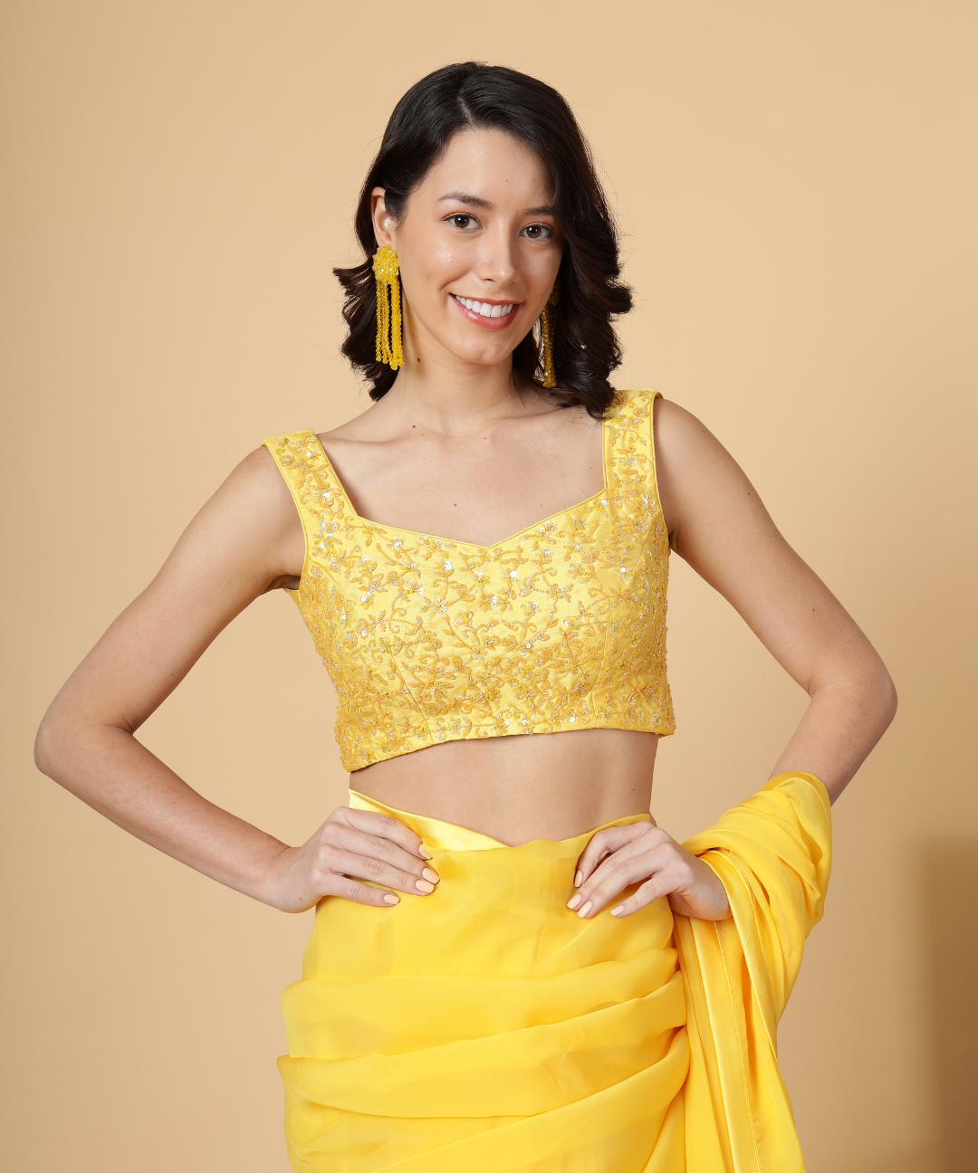 Yellow Cotton Organza Saree with Plain Blouse