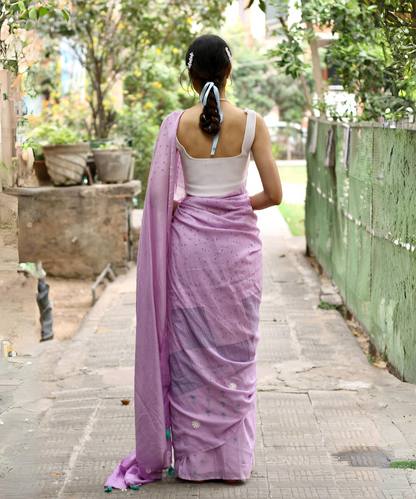 Lavender summer dew block printed mulmul saree