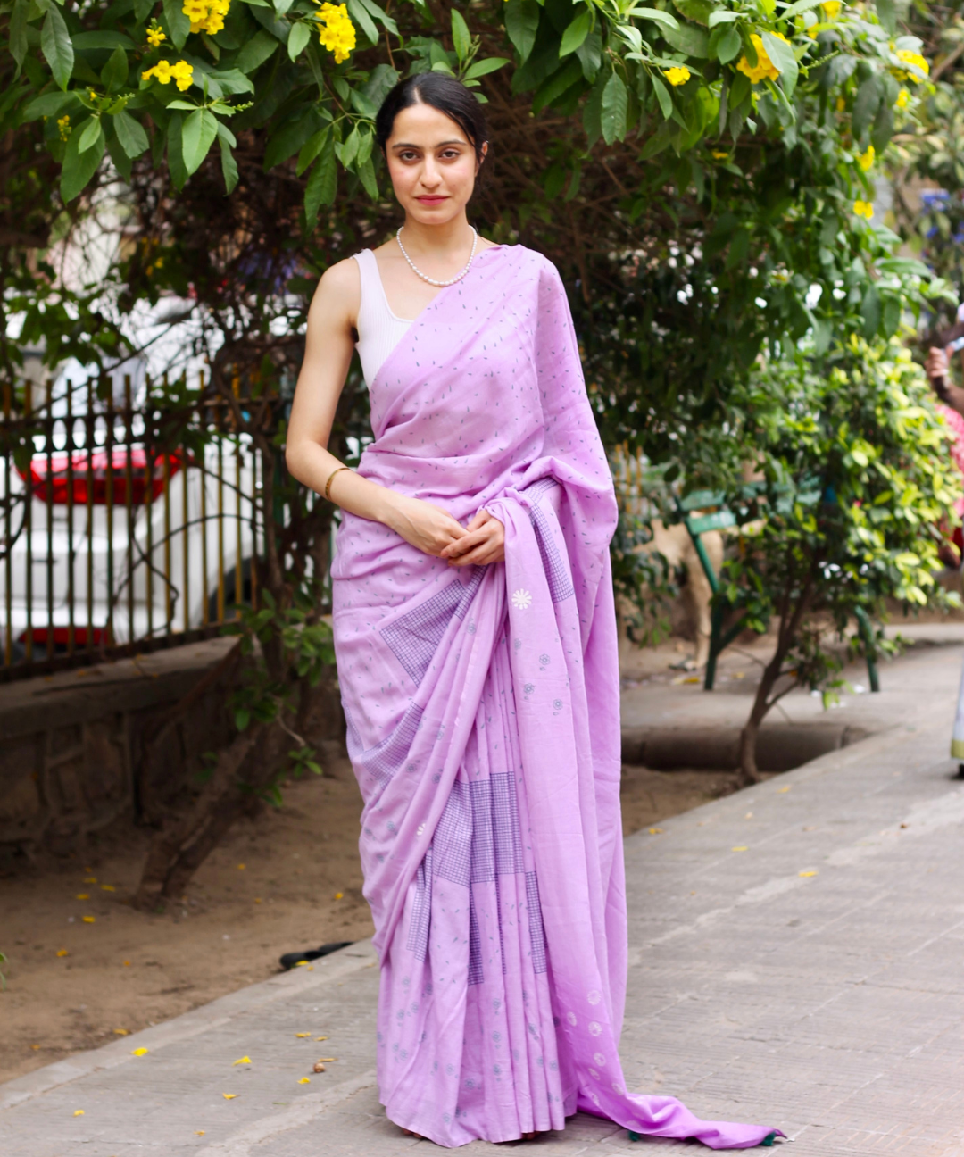 Lavender summer dew block printed mulmul saree