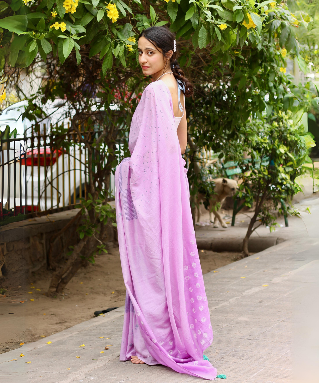 Lavender summer dew block printed mulmul saree