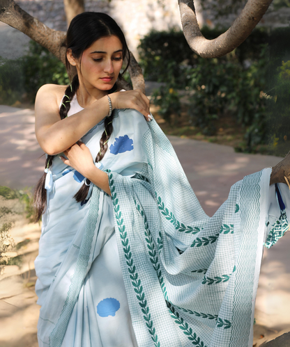 Blue summer sky block printed mulmul saree