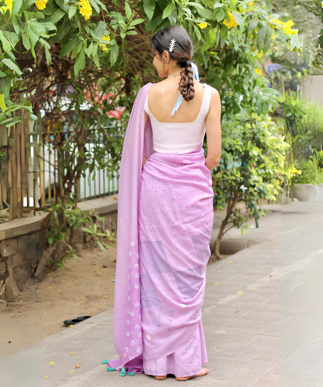 Lavender summer dew block printed mulmul saree