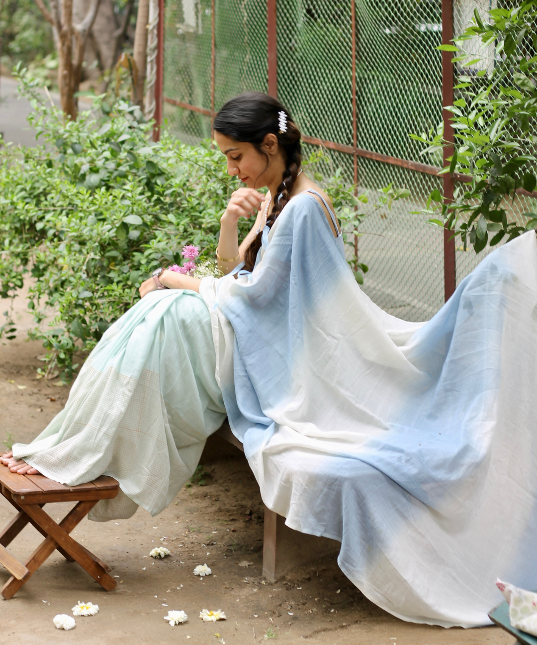 Blue endless summer block printed mulmul saree