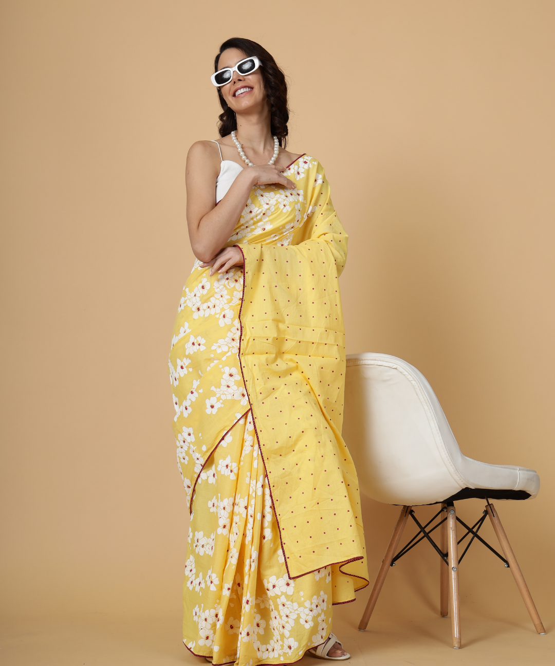 Yellow summer child block printed mulmul saree