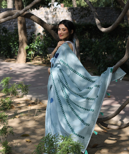 Blue summer sky block printed mulmul saree