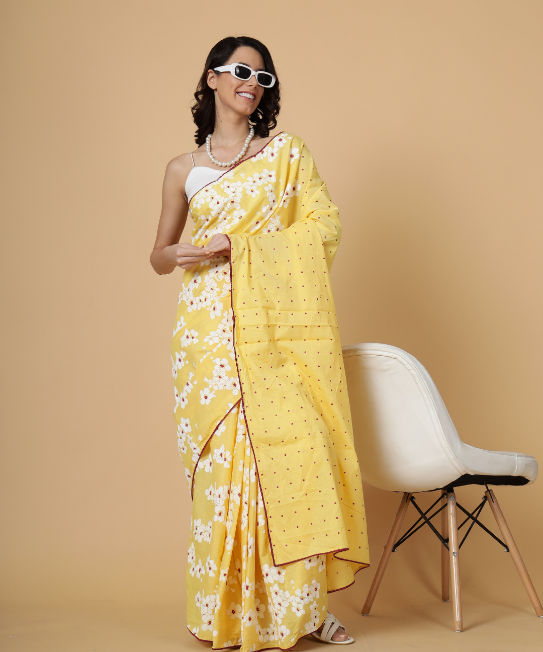 Yellow summer child block printed mulmul saree